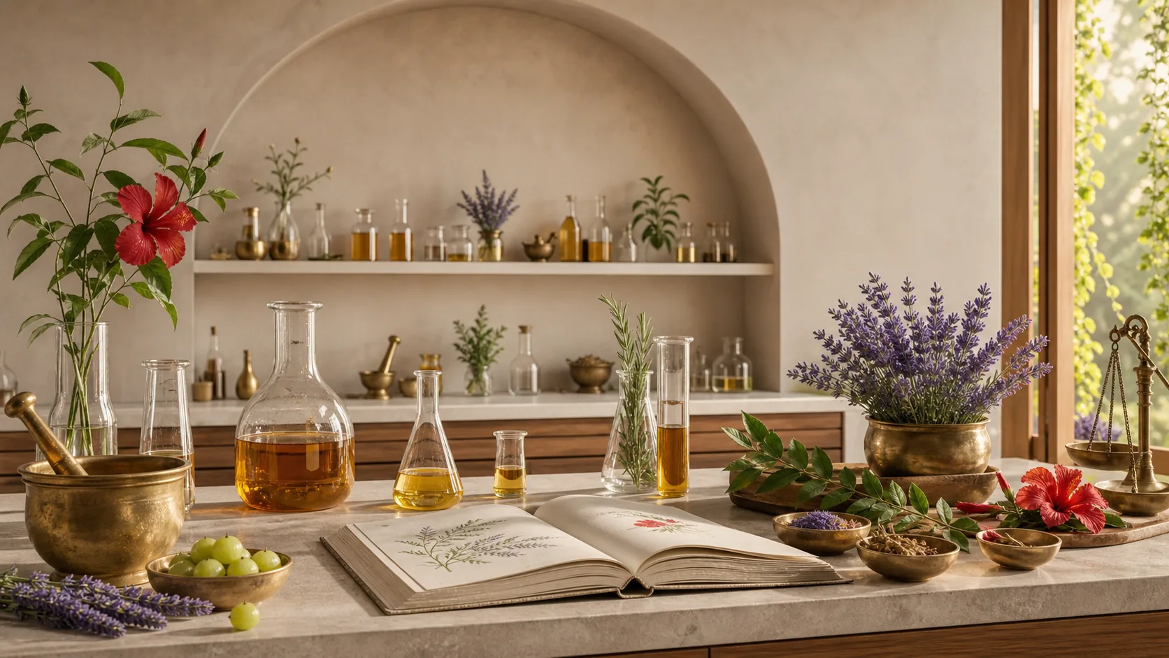 An Ayurvedic botanical laboratory with glassware and lavender