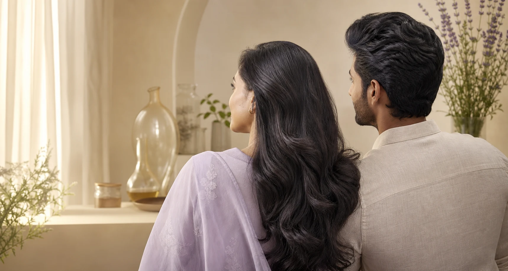 An adult woman and man showcasing healthy, well-groomed hair from a three-quarter rear angle