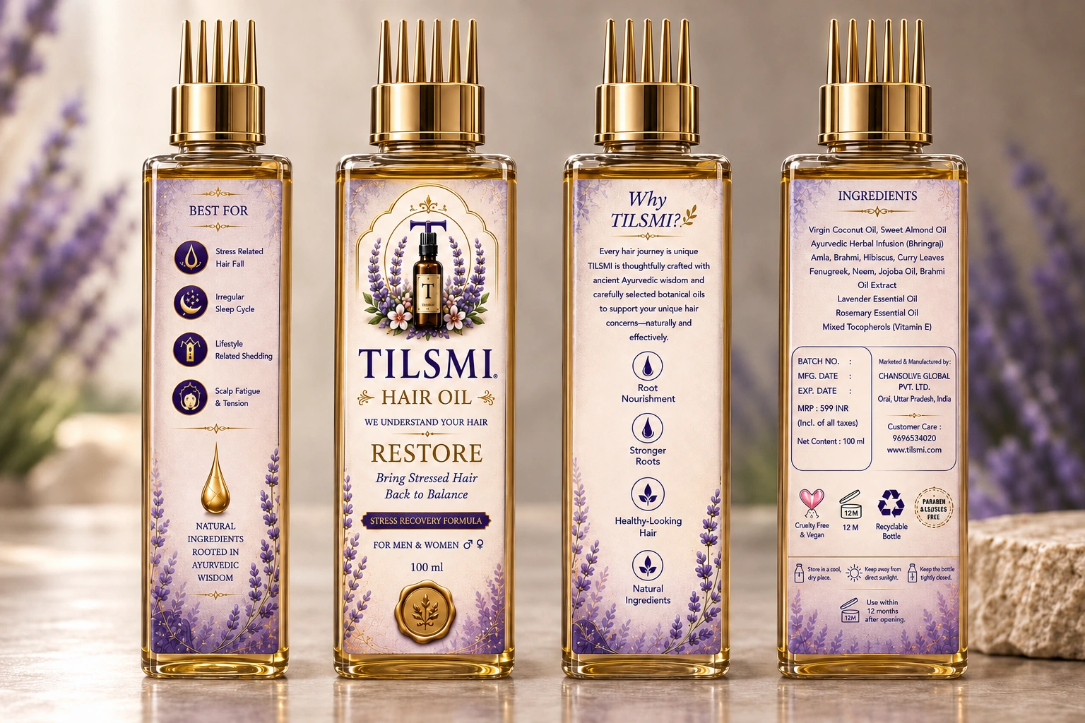 Four detailed views of TILSMI Restore hair oil showing benefits, front label, brand philosophy and ingredients